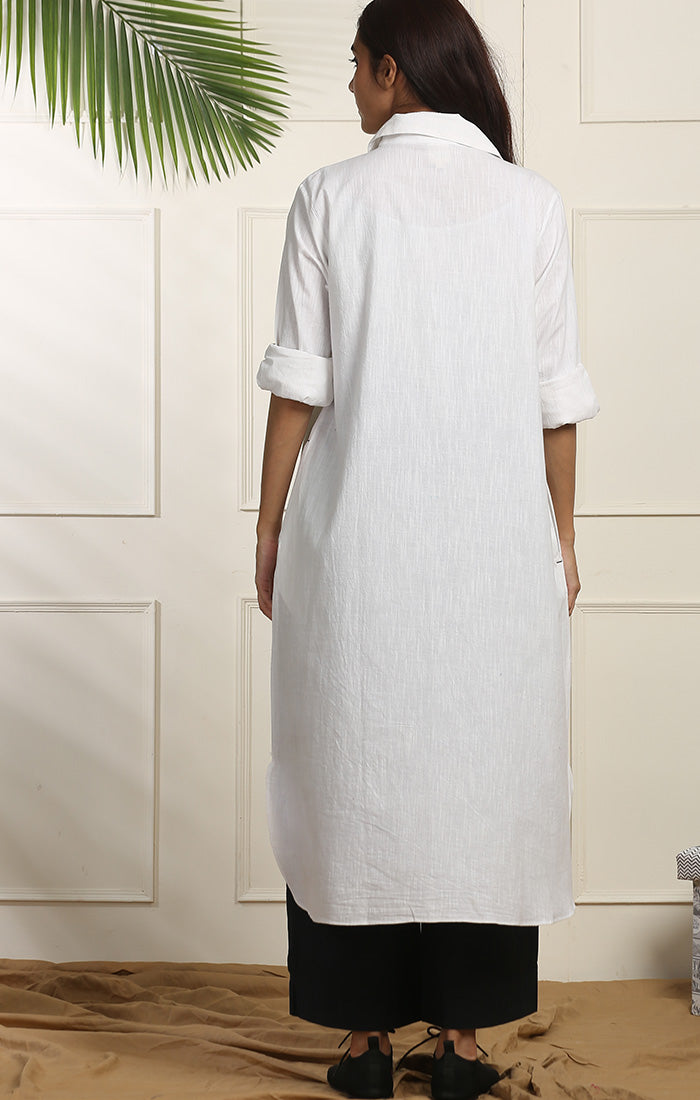 Cotton Linen Shirt Dress - White