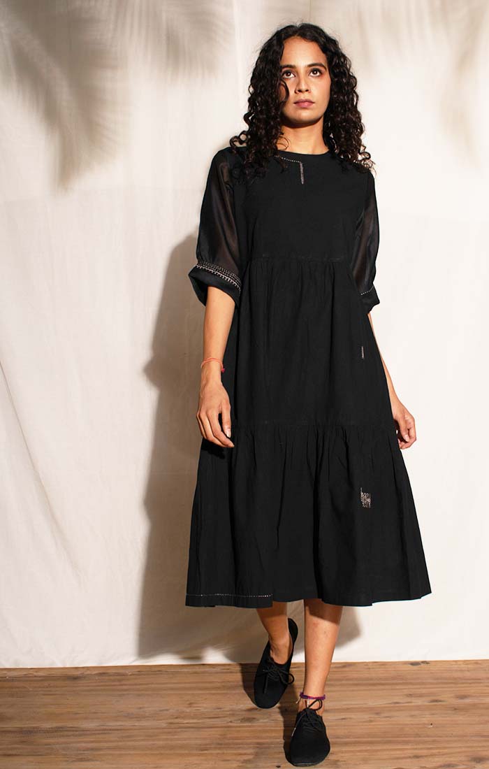 Black organic cotton Tiered Dress