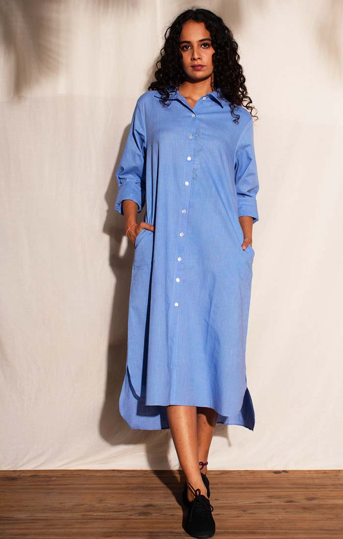 Iha Cotton Linen Shirt Dress - Jodhpur Blue
