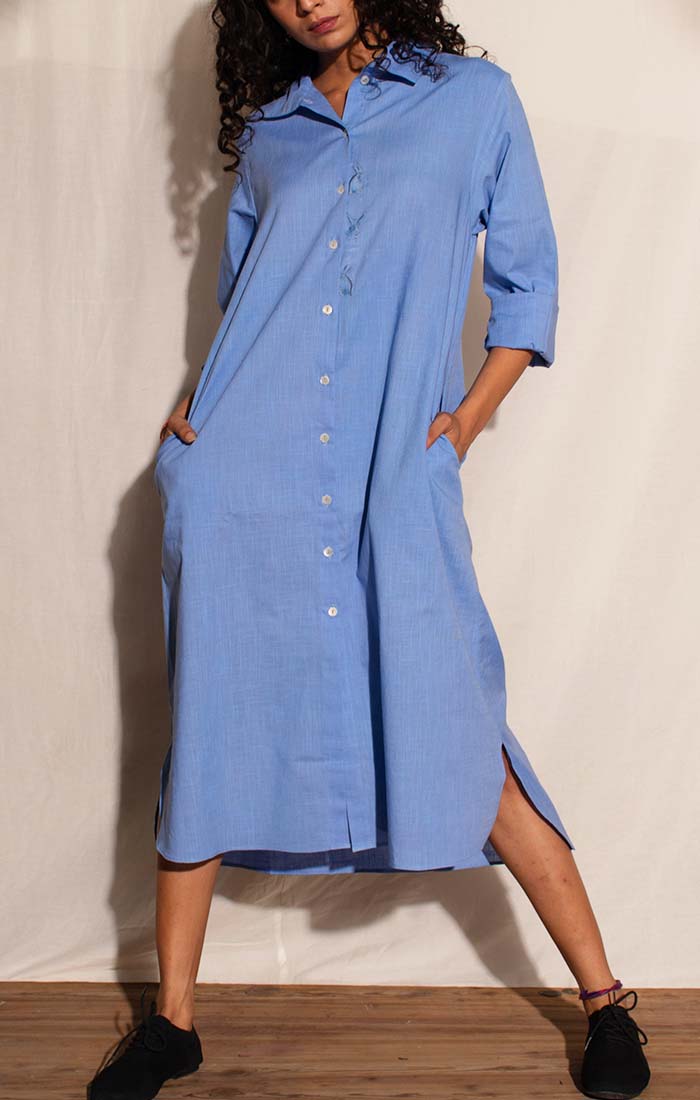 Cotton Linen Shirt Dress - Jodhpur Blue