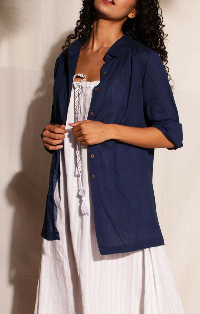 Handwoven Mul Shirt with back slit with white dress - Blue or red