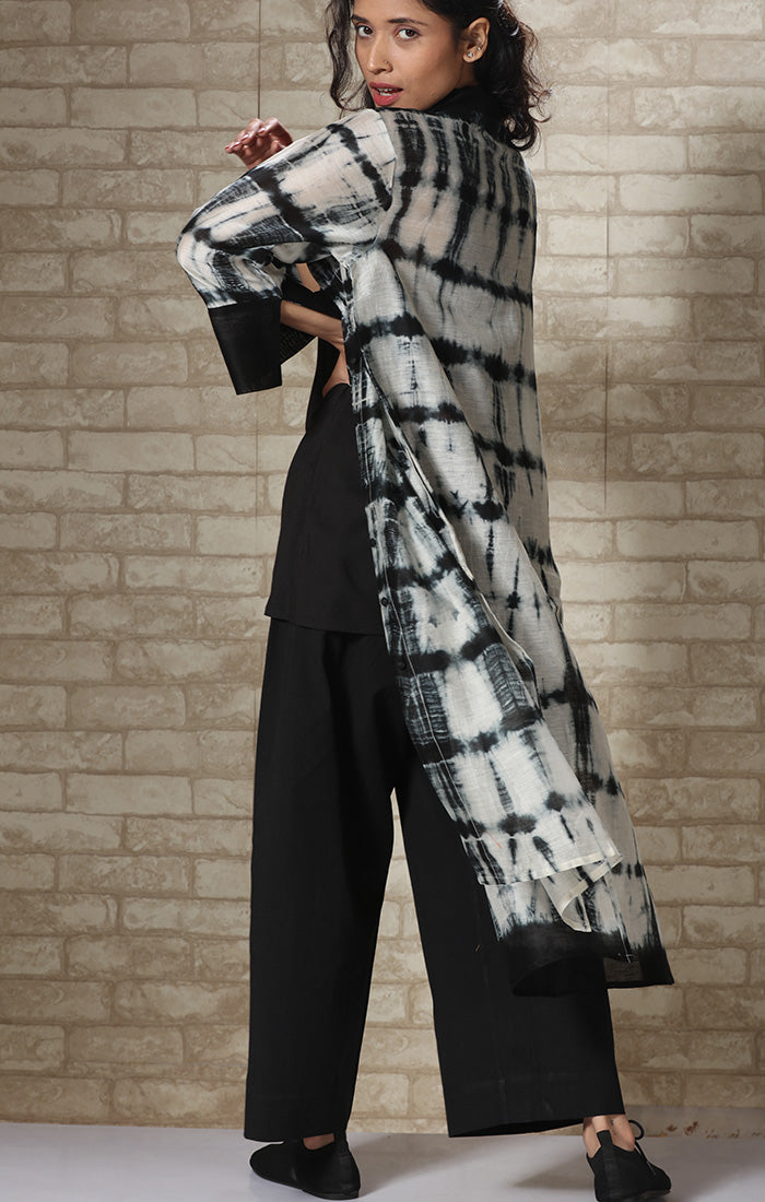 Chanderi Arashi Shibori Shirt Dress with Black Twill Pants