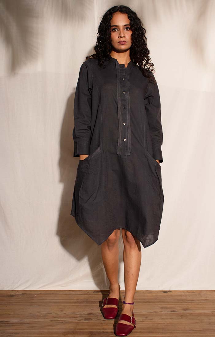 Cotton Linen Shirt Dress Charcoal Ihaworld