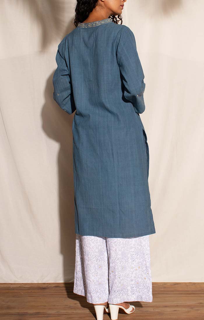 Indigo Handspun Handwoven Cotton Tunic with Pants and  chanderi stole