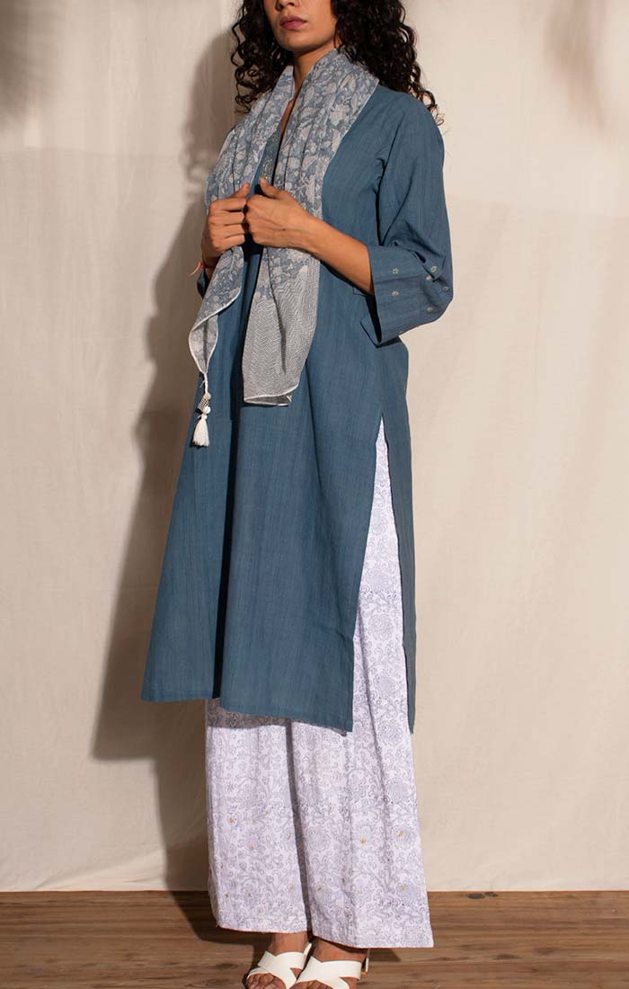 Indigo Handspun Handwoven Cotton Tunic with Pants and  chanderi stole