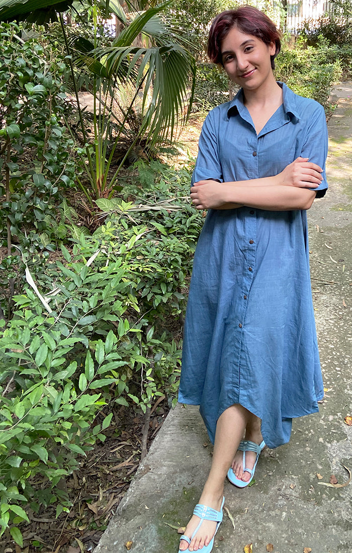 Iha Handspun Handwoven Muslin Shirt Dress - Jodhpur Blue