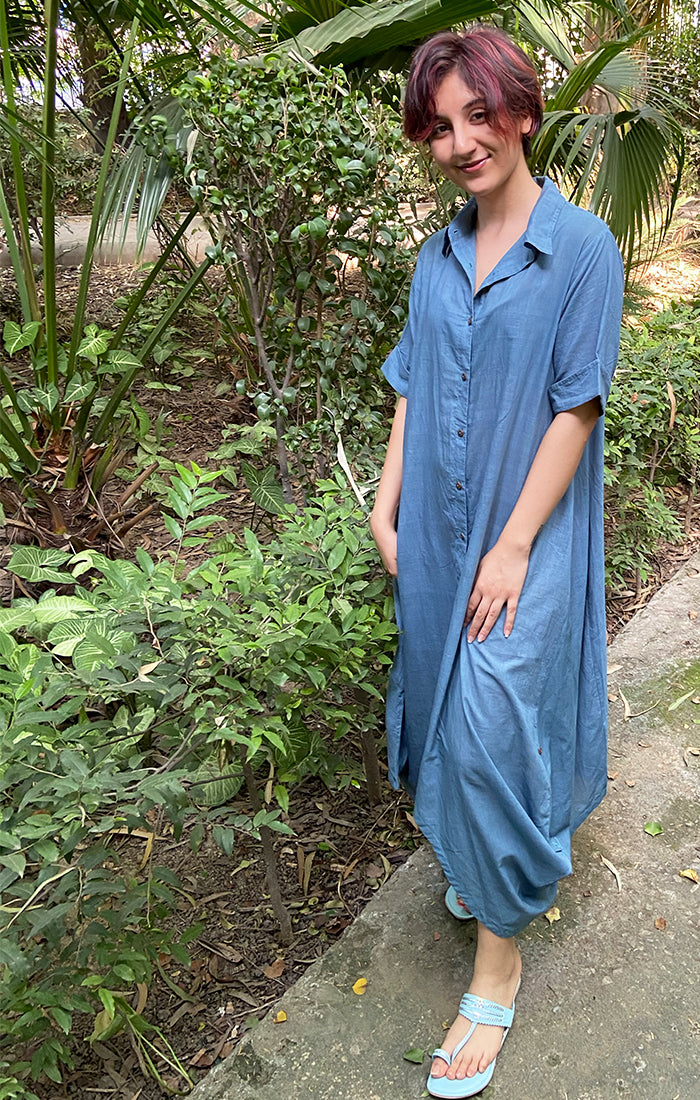 Handspun Handwoven Muslin Shirt Dress - Jodhpur Blue