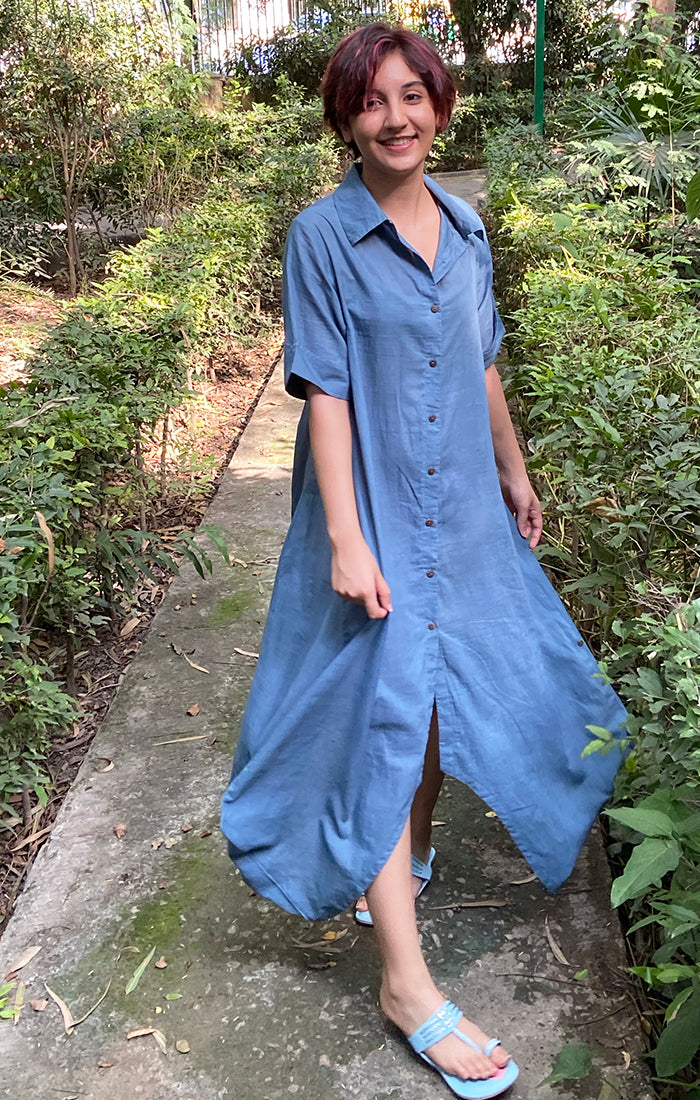 Handspun Handwoven Muslin Shirt Dress - Jodhpur Blue