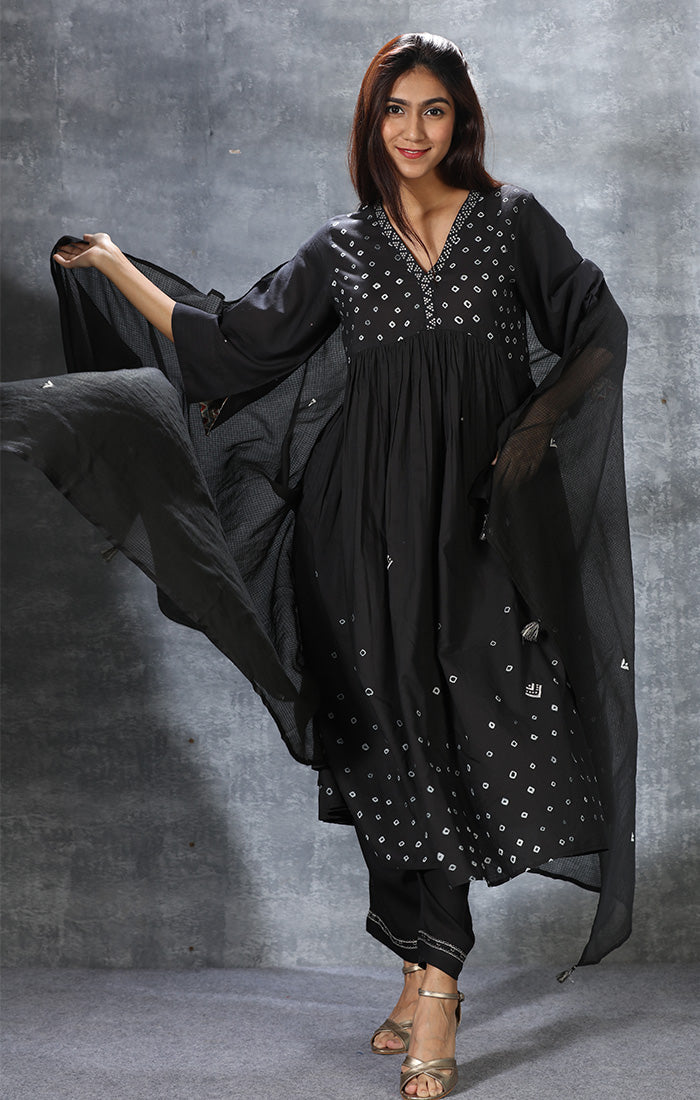 Modal Satin Kurta with Hand Embroidered Mirror Work and Bandej - Black