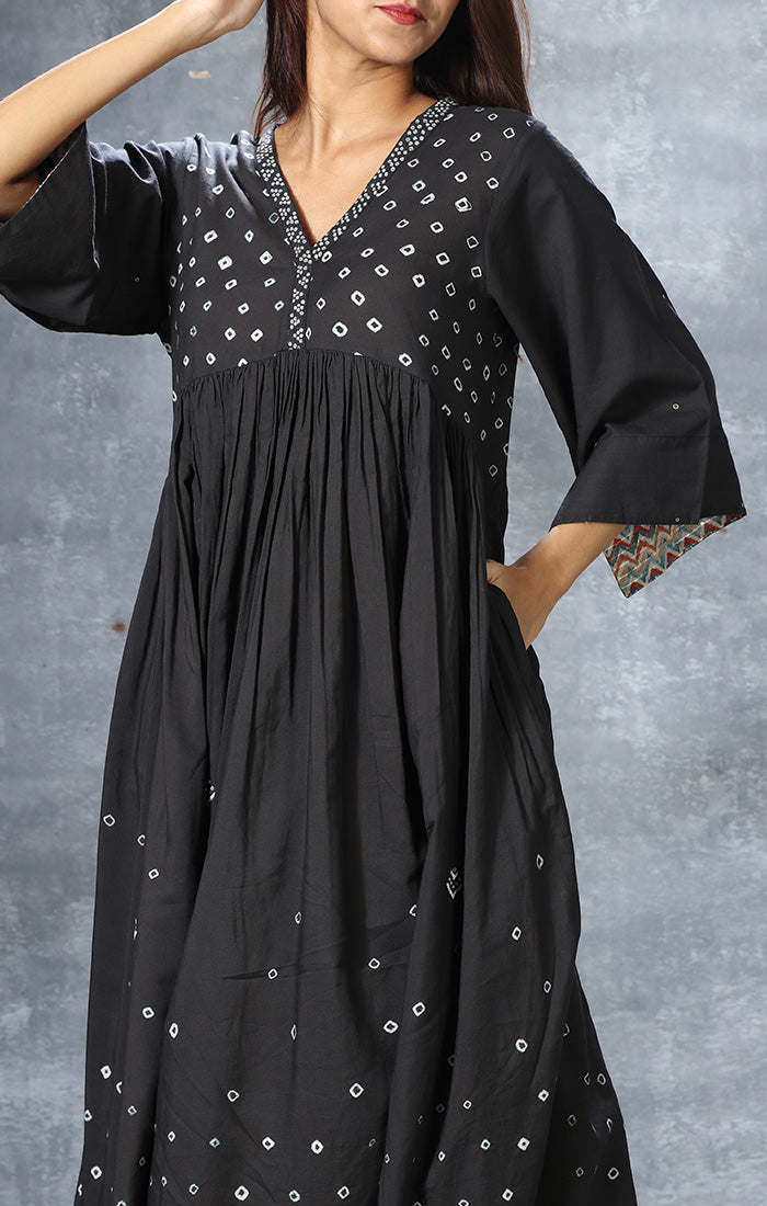 Modal Satin Kurta with Hand Embroidered Mirror Work and Bandej - Black
