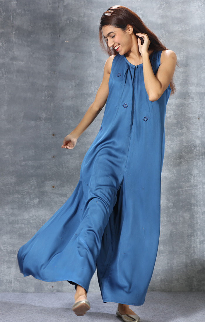Jumpsuit in Modal Satin and Hand Embroidered Mirror Work
