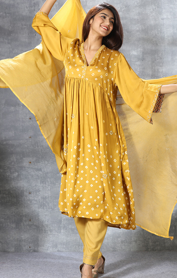 Modal Satin Kurta with Hand Embroidered Mirror Work and Bandej - Mustard