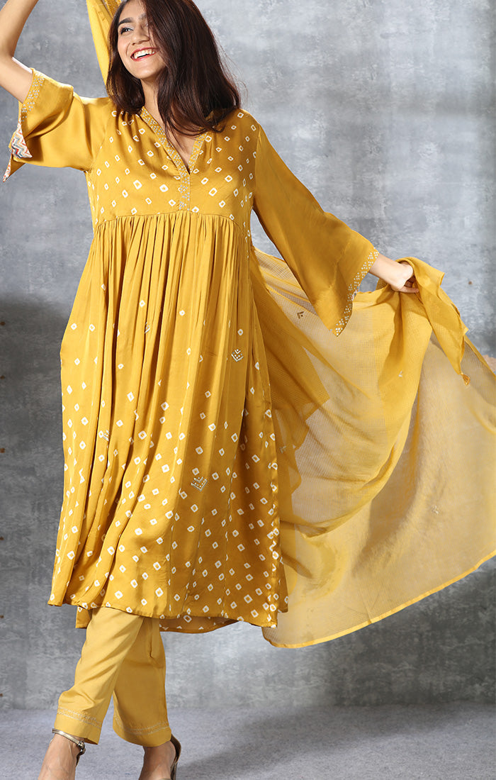 Modal Satin Kurta with Hand Embroidered Mirror Work and Bandej - Mustard