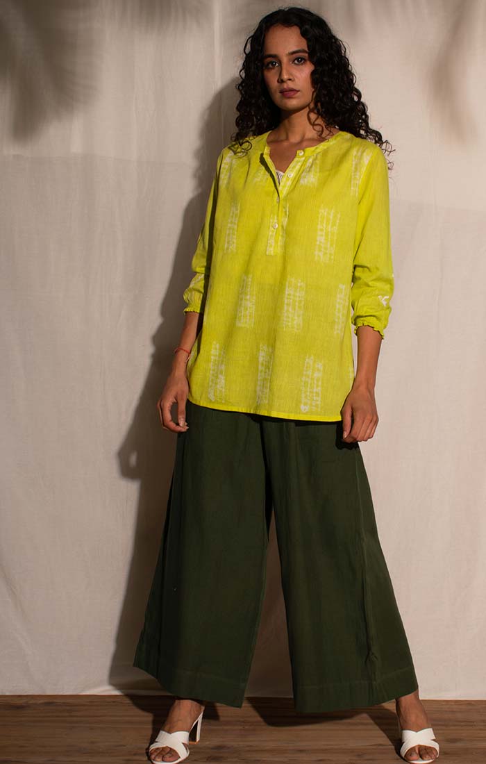 Lime Green Shibori Top with Olive Green Organic Cotton Culottes