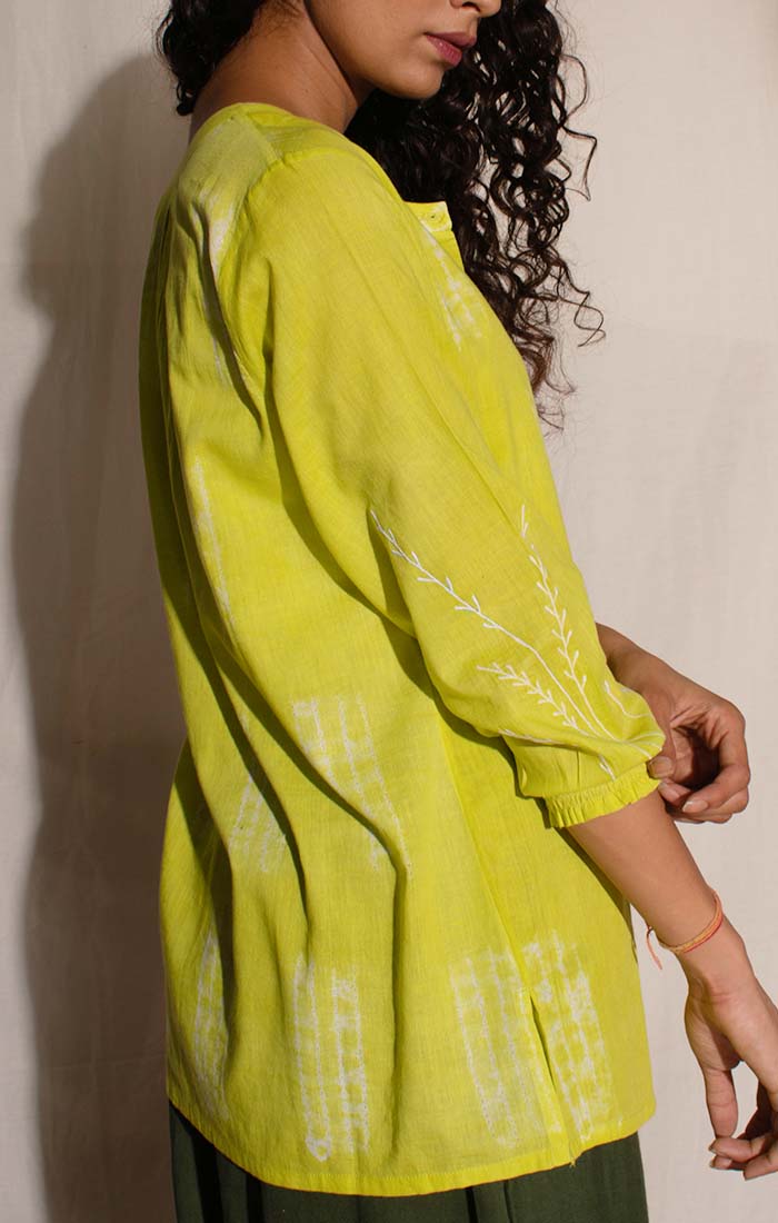 Lime Green Shibori Top with Olive Green Organic Cotton Culottes