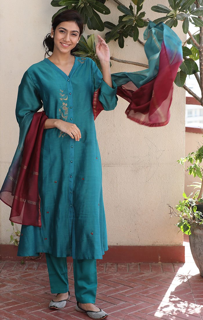 Front Open Chanderi Tunic - Blue Vitrilo with straight pants