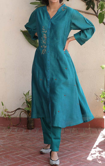 Front Open Chanderi Tunic - Blue Vitrilo with straight pants