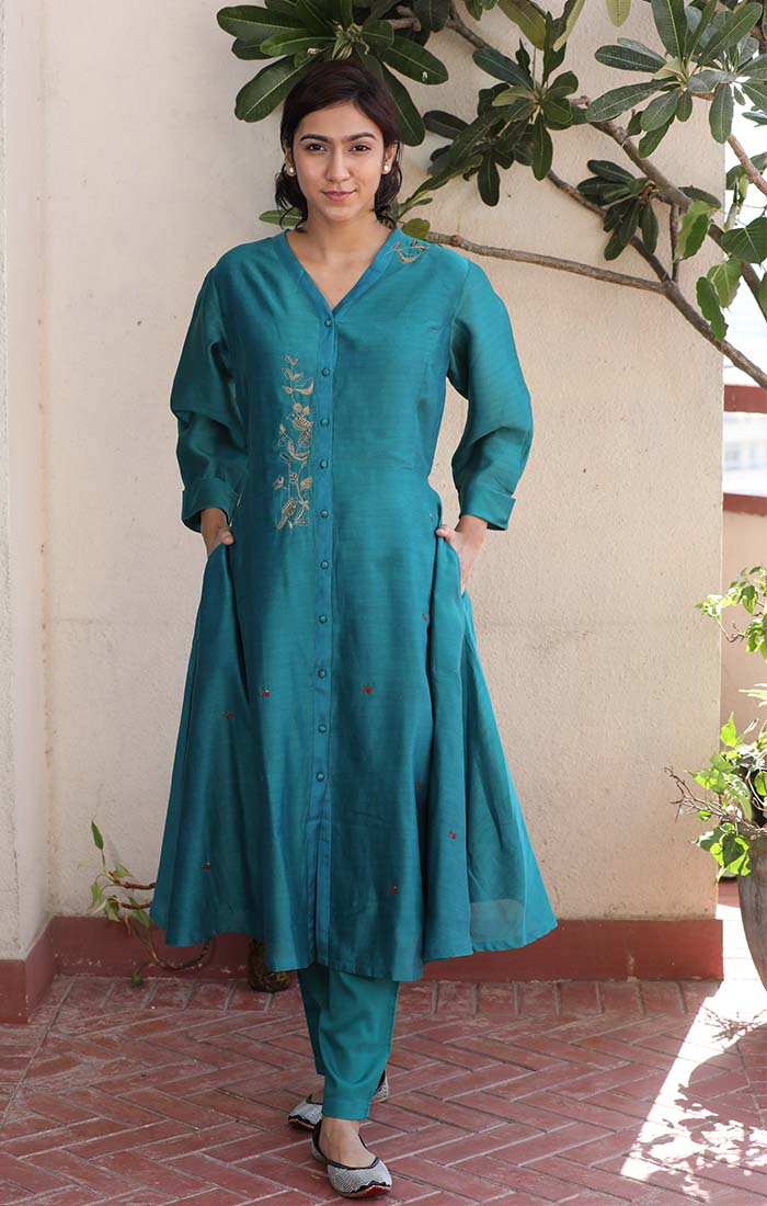 Front Open Chanderi Tunic - Blue Vitrilo with straight pants