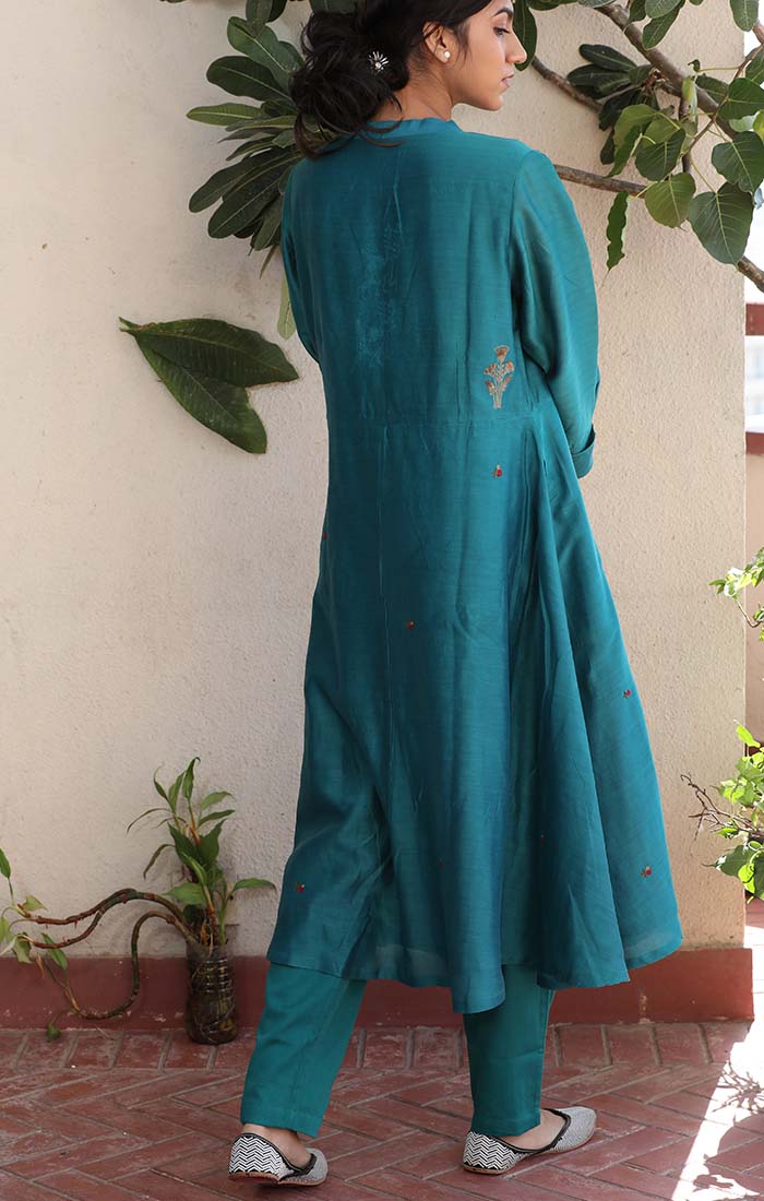 Front Open Chanderi Tunic - Blue Vitrilo with straight pants