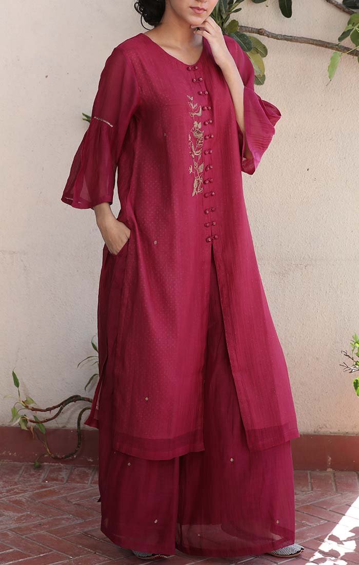 Chanderi Kurta in Fuschia with tones of Mexican Red