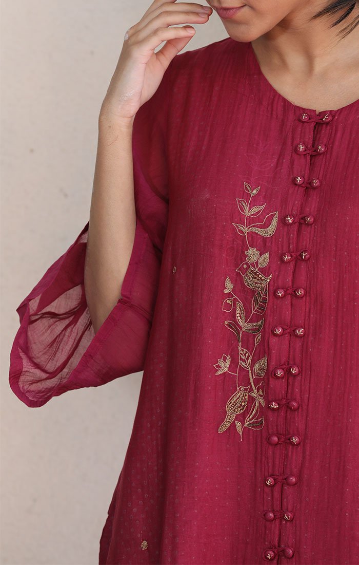 Chanderi Kurta in Fuschia with tones of Mexican Red with palazzo and dupatta