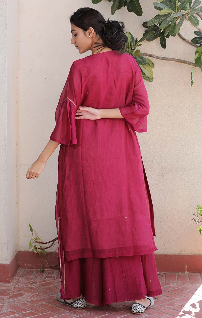 Chanderi Kurta in Fuschia with tones of Mexican Red