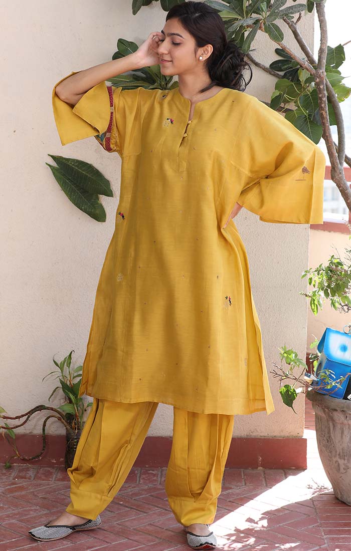 Mustard Chanderi Phiran with pants