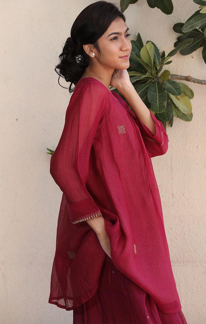 Chanderi Tunic - Fuschia with tones of Mexican Red with Palazzo