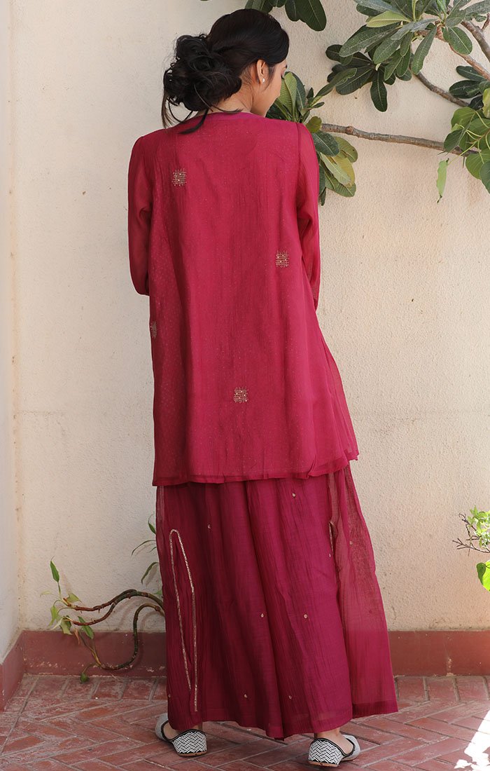 Chanderi Tunic - Fuschia with tones of Mexican Red with Palazzo