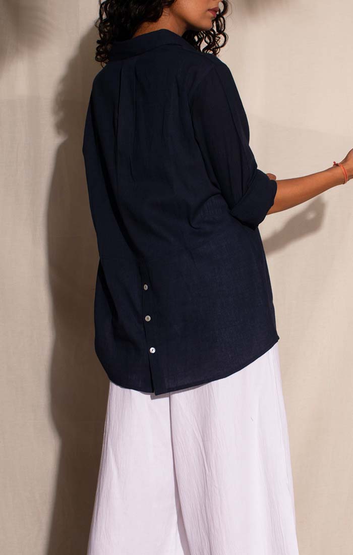 Ink Blue Dot Parade Print Cotton Mul Shirt