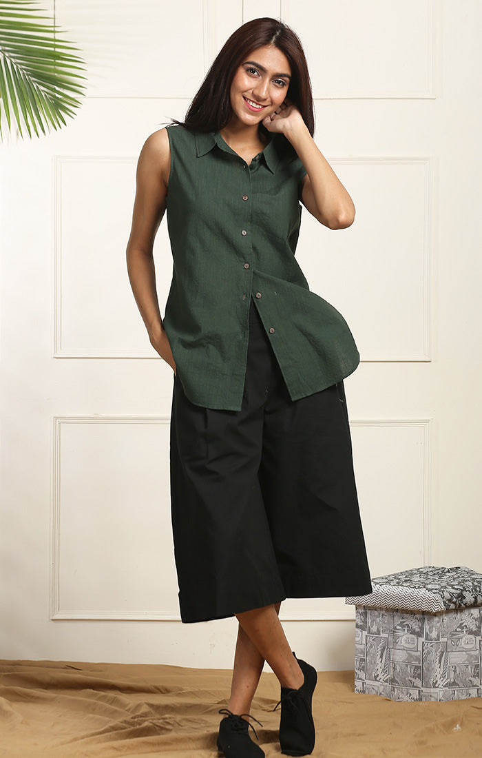 Sleeveless Cotton Linen Shirt - Olive Green or Navy Blue