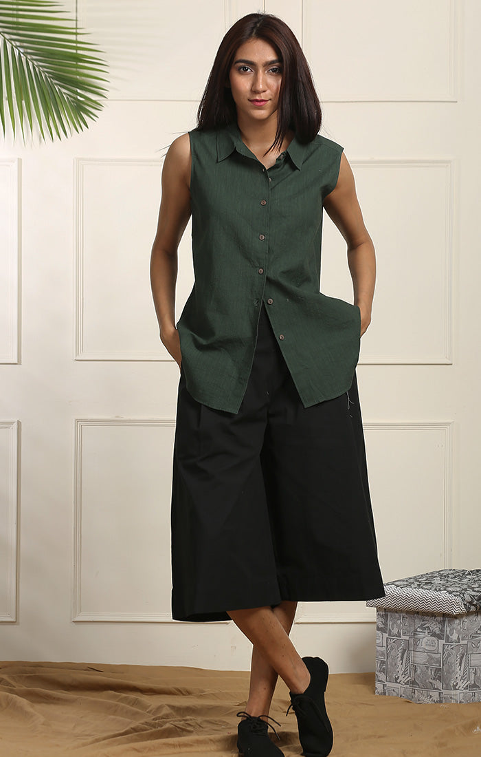 Sleeveless Cotton Linen Shirt Olive Green or Navy Blue Ihaworld