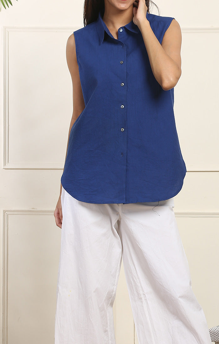 Sleeveless Cotton Linen Shirt - Olive Green or Navy Blue
