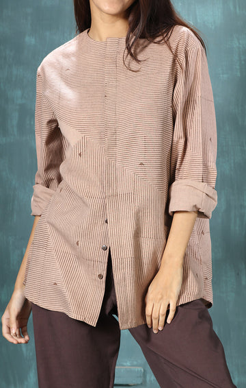 Pin Stripe Hand Blockprinted Shirt - Rust Pink