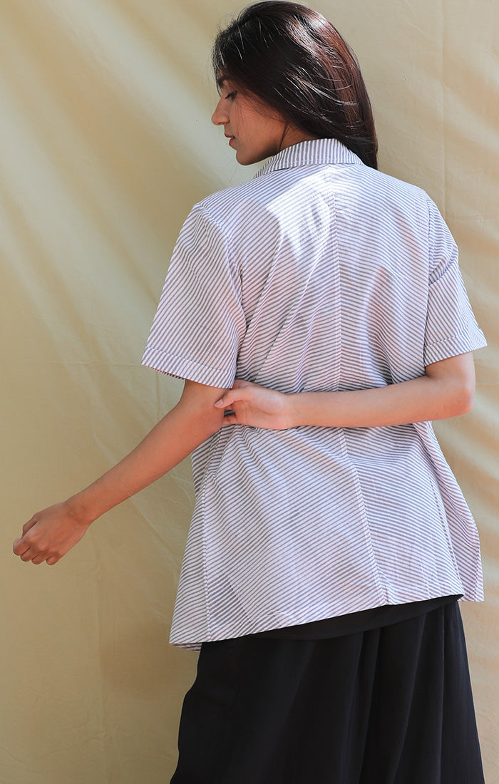 Handwoven Mul Shirt - Grey Handblock Stripe print