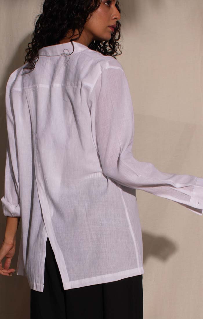 Handwoven Mul Shirt with back slit -White