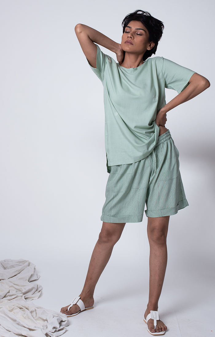 Sage Green Tee with shorts