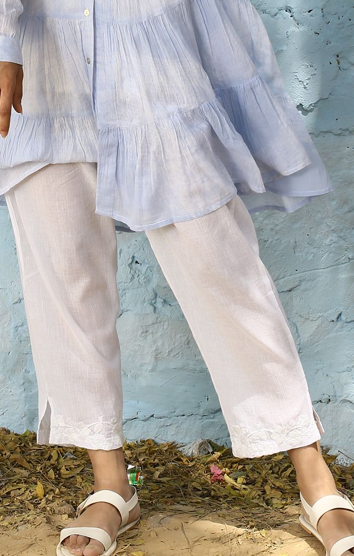 Straight sheer pants with embroidery