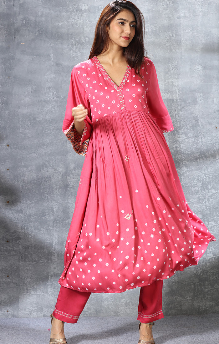 Modal Satin Kurta with mirror work and Bandej with Pants and Dupatta - Fiery Rose