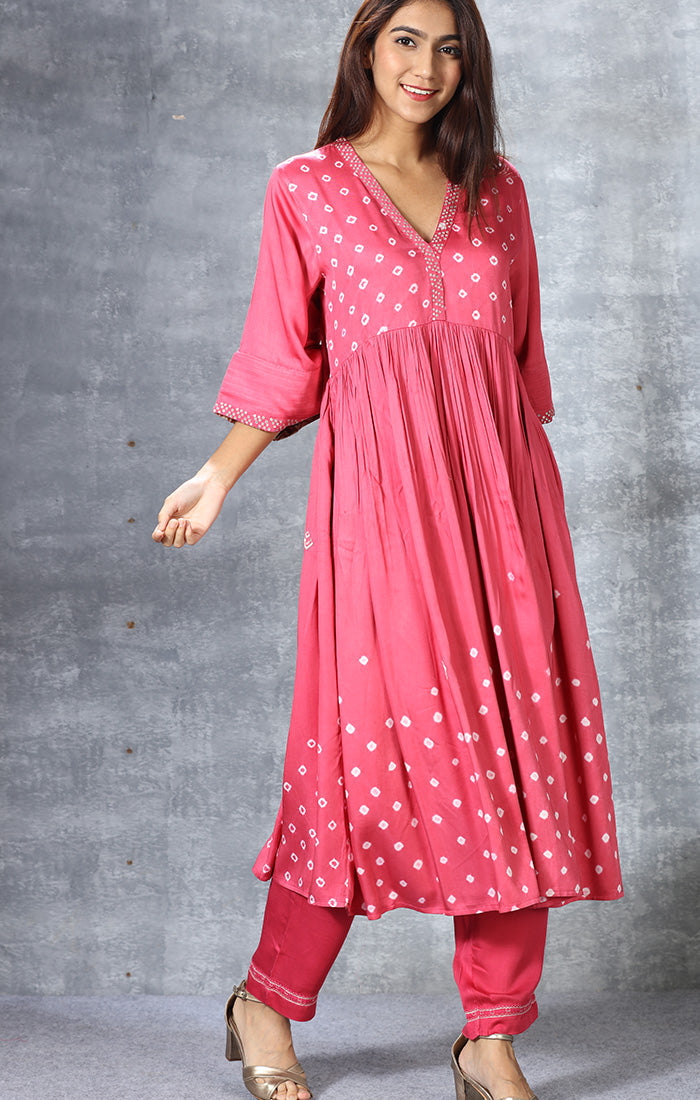 Modal Satin Kurta with Hand Embroidered Mirror Work and Bandej - Fiery Rose
