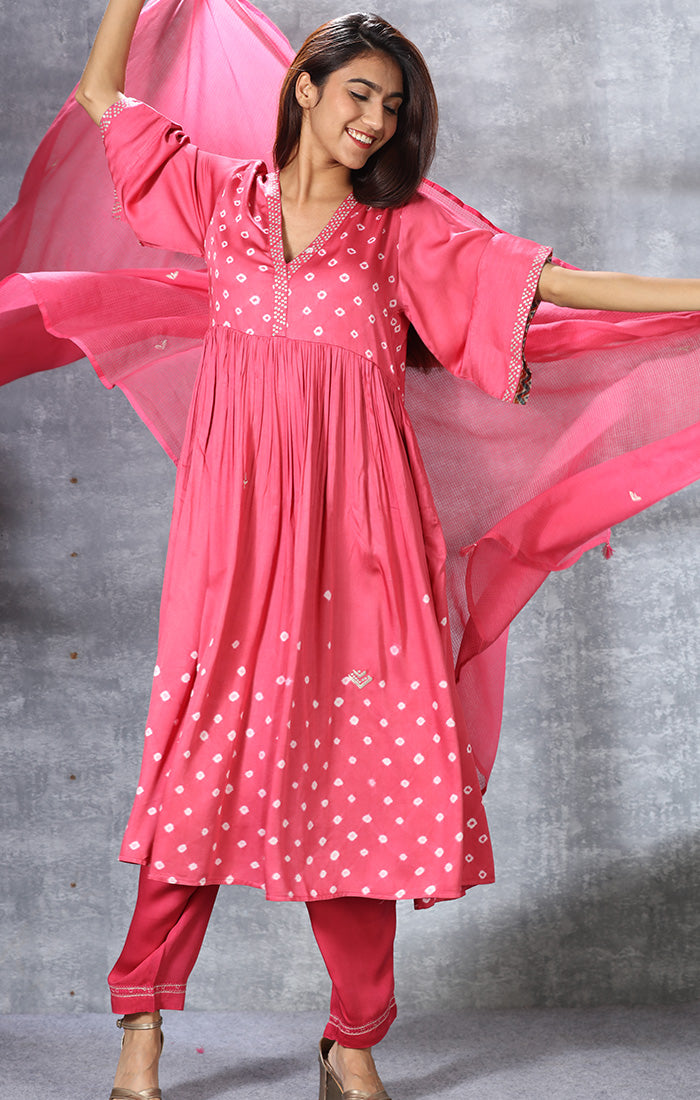 Modal Satin Kurta with mirror work and Bandej with Pants and Dupatta - Fiery Rose