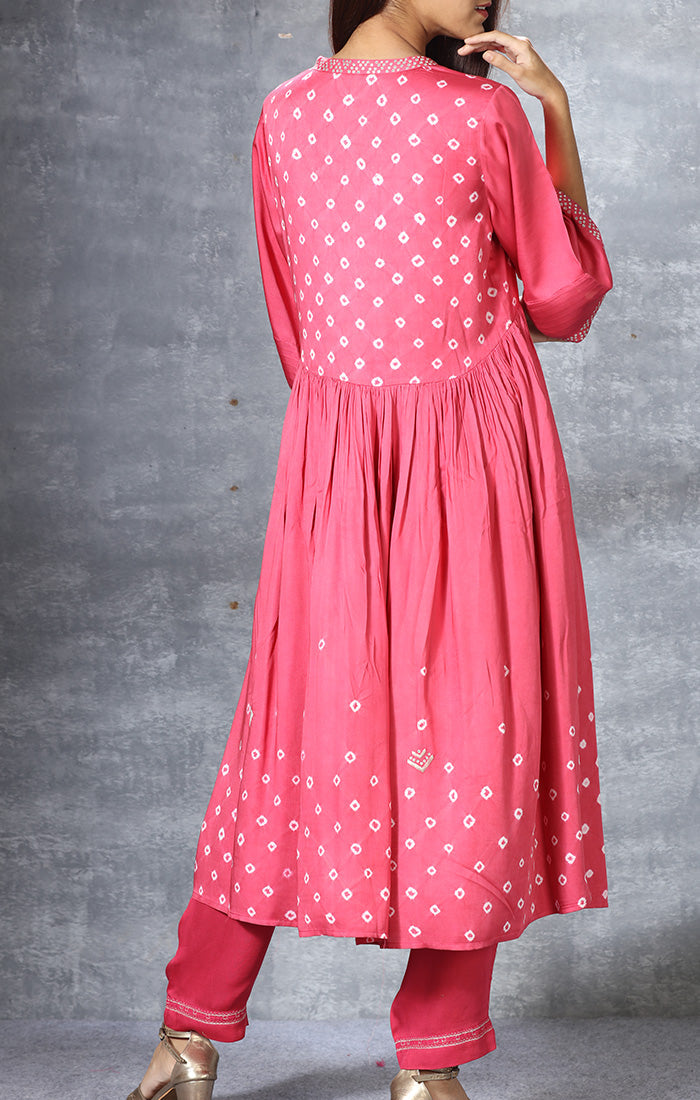 Modal Satin Kurta with Hand Embroidered Mirror Work and Bandej - Fiery Rose