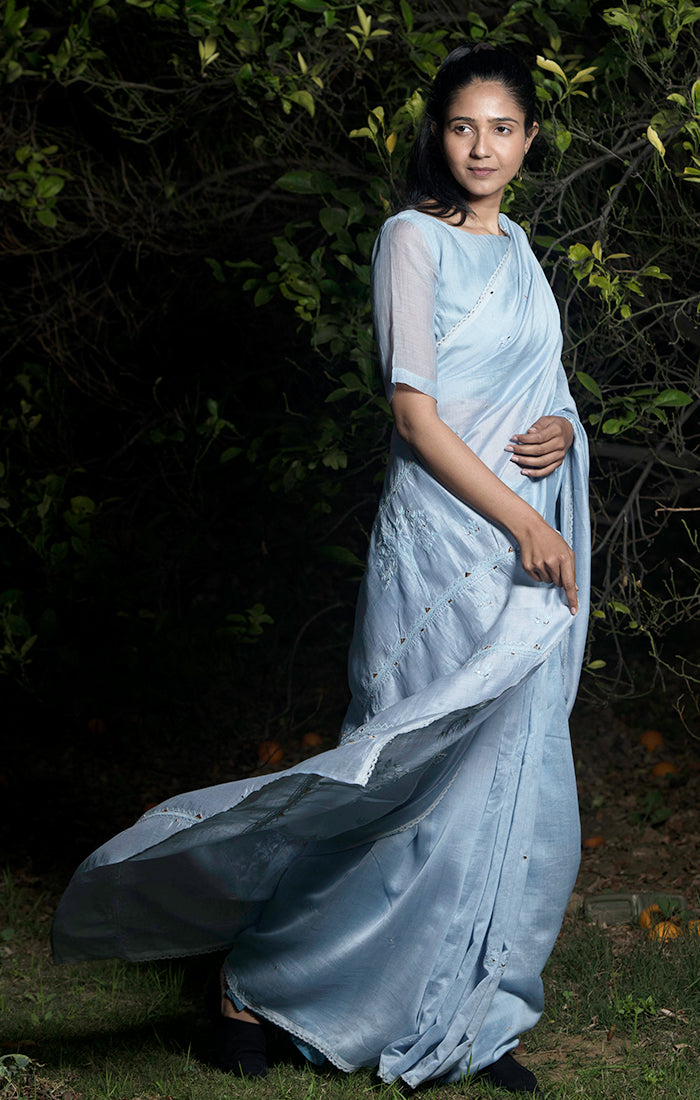 Into the Woods Saree with Blouse - Powder Blue