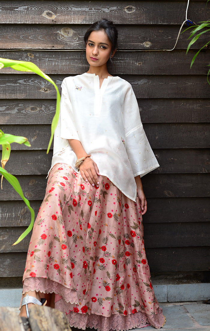 Floral Printed Skirt Chanderi - Pink