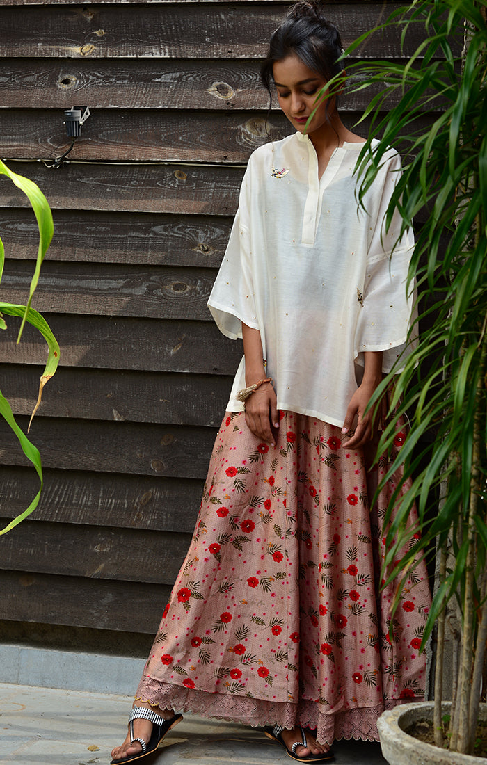 Floral Printed Skirt Chanderi with Ivory Zardozi Top