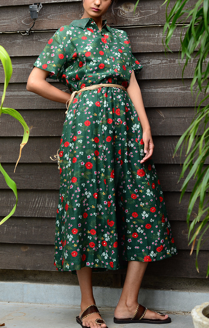 Green Floral Printed Chanderi Shirt Dress