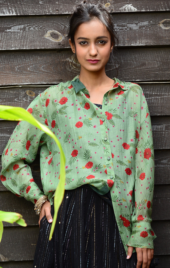 Jade Green Floral Printed Chanderi Shirt
