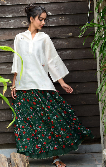 Floral Printed Skirt Chanderi - Green with Ivory Chanderi Top