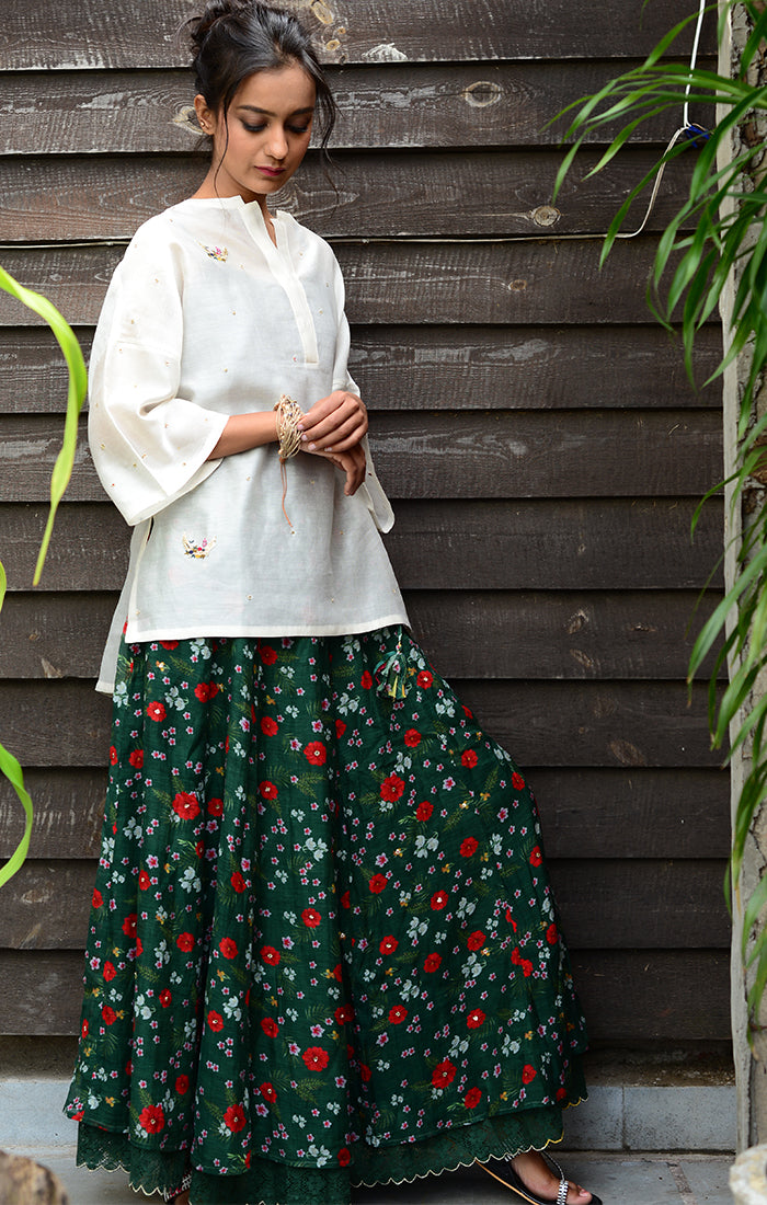 Floral Printed Skirt Chanderi - Green