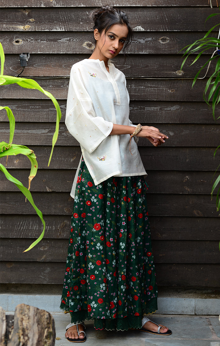 Floral Printed Skirt Chanderi - Green with Ivory Chanderi Top